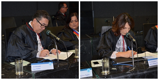 Os desembargadores Jorge Orlando Sereno Ramos e Maria Helena Motta durante a assinatura do termo de posse